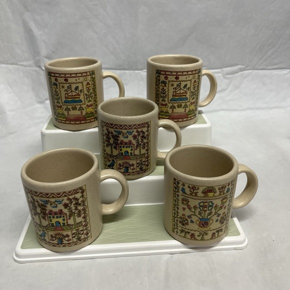 VTG Coffee Tea Mug BRAZIL Ship House Ceramic FLORI 8oz 3 1/4" tall Set Of 5 - Picture 2 of 11